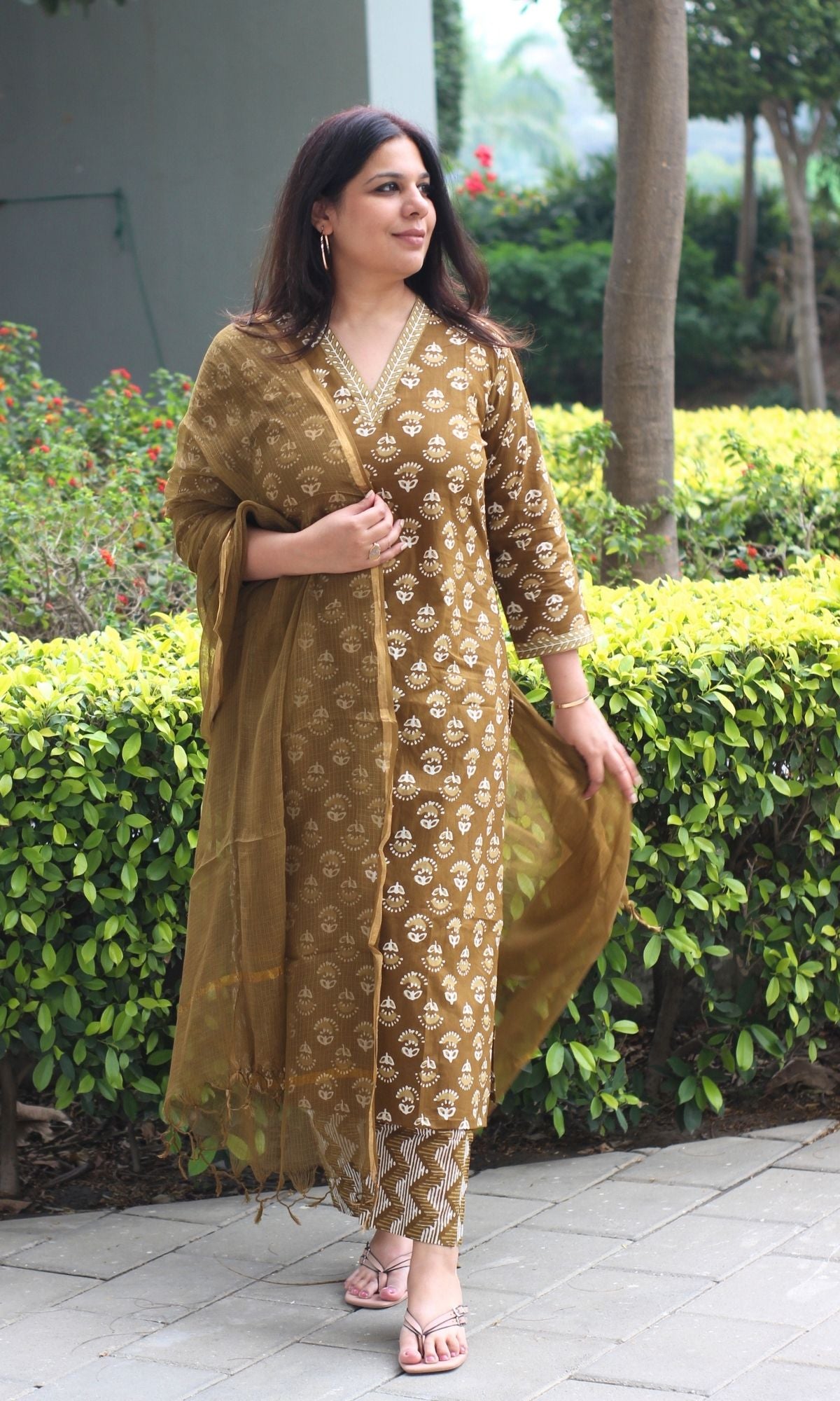 Cotton Earthy Brown Block Printed Suit Set with Kota Doria Dupatta