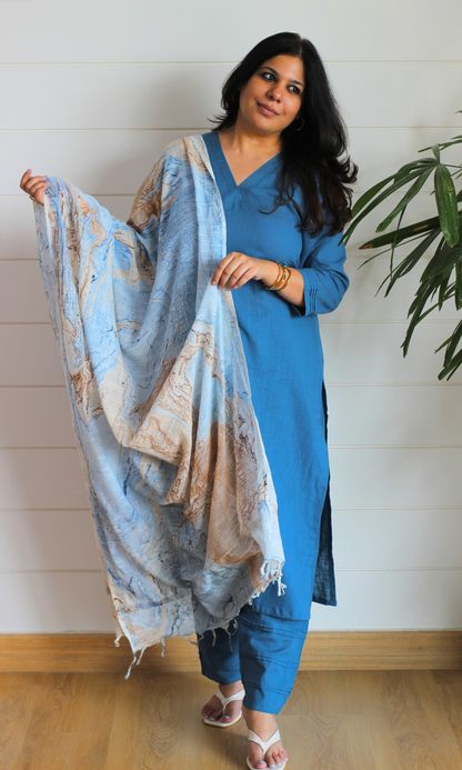 Cotton Slub Lagoon Blue Suit With Slub Mirage Dupatta