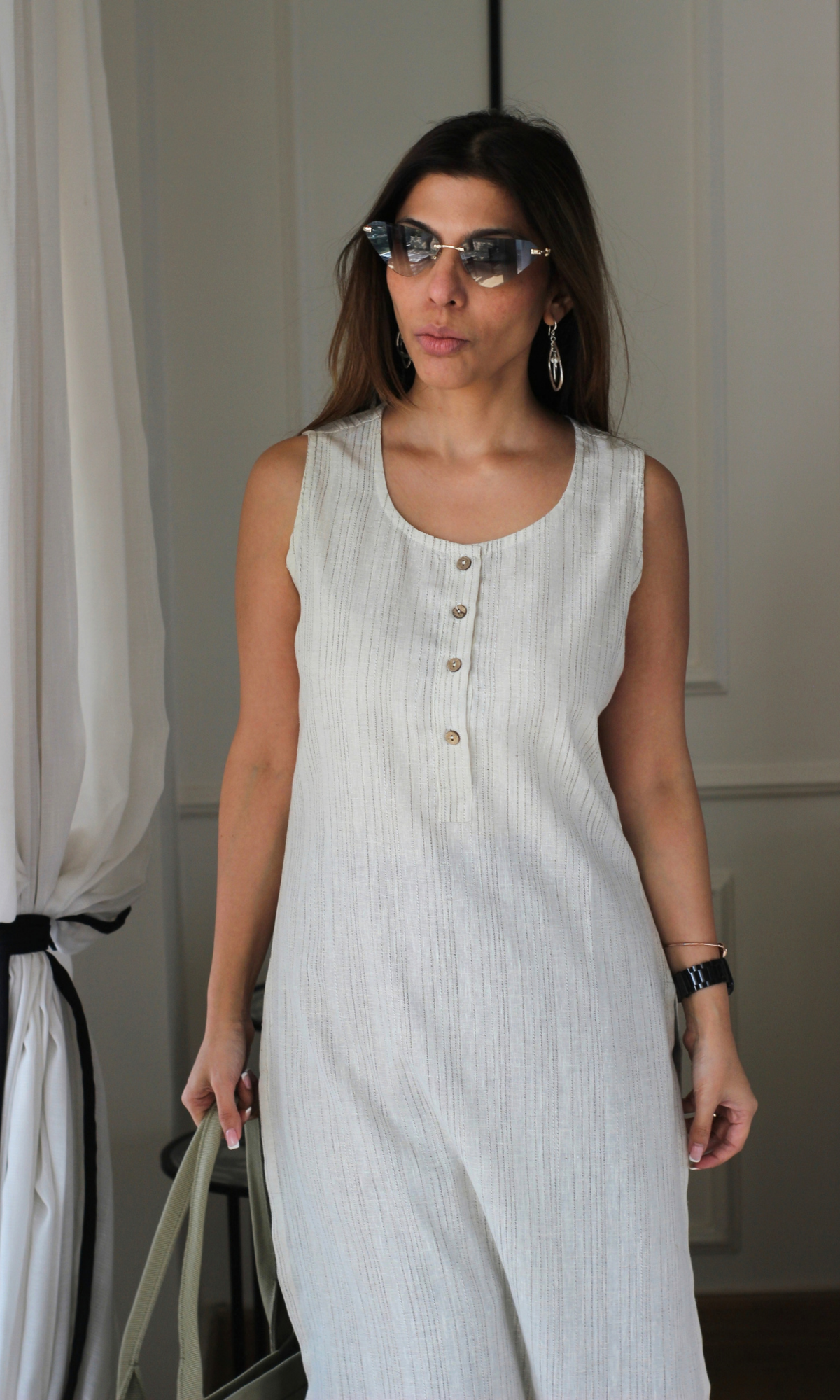 Beige & Black Round Neck Kurta & Cotton Pants