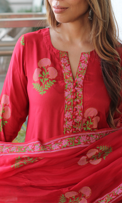 Lal Ishq Muslin Block Print Kurta, Pant & Organza Dupatta