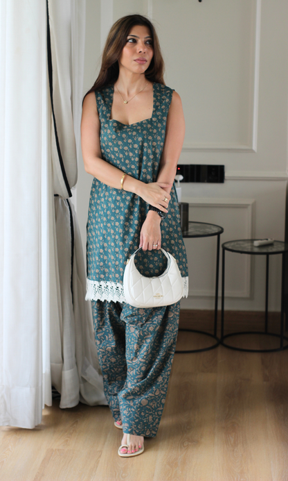 Teal Ajrakh Booti Print Sleeveless Kurta with Farshi Salwaar