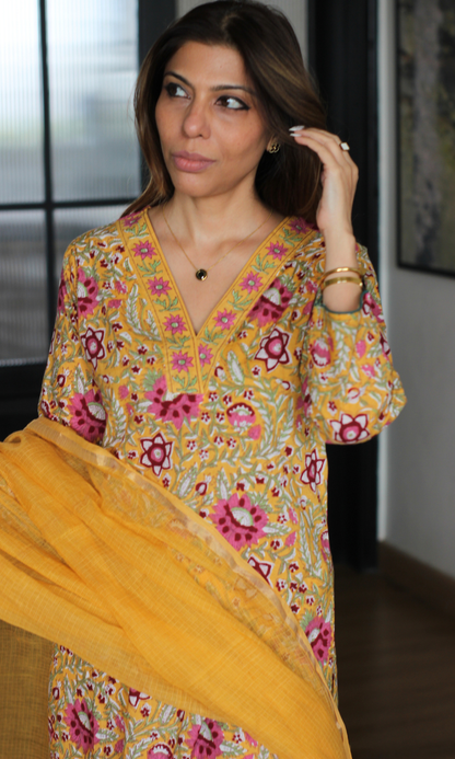 Yellow & Magenta Floral Block Print Kurta, Pants & Kota Doria Dupatta