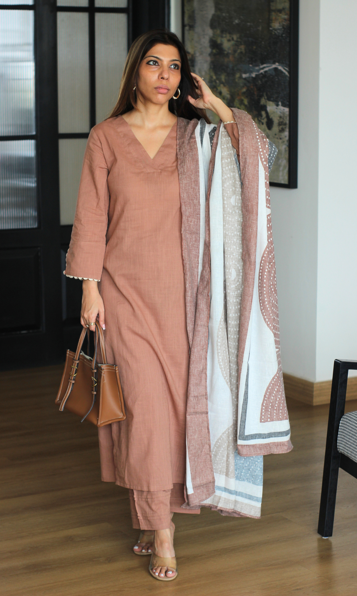 Coffee slub Kurta , Pants & Linen Blend Printed Dupatta