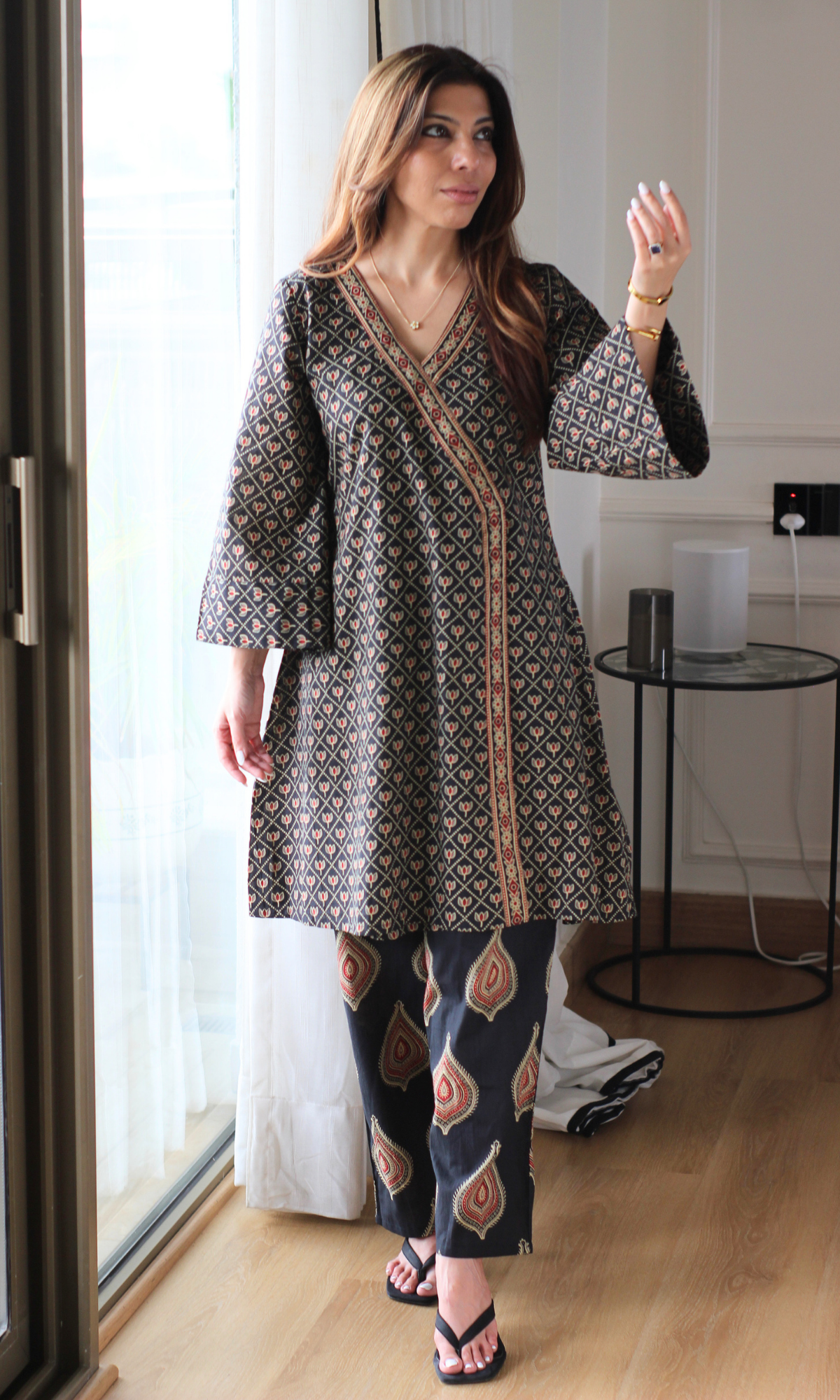 Black Ajrakh Booti Kimono Kurta with Pants