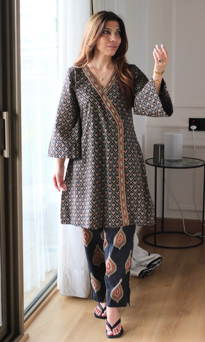 Black Ajrakh Booti Kimono Kurta with Pants