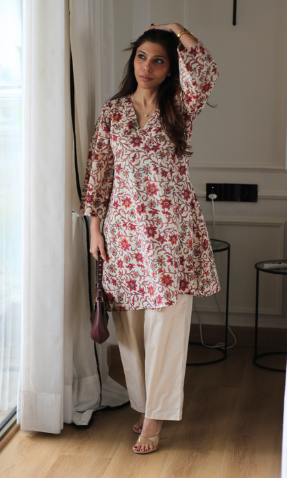 Sia Red Handblock Print Kimono Kurta with Cotton Pants