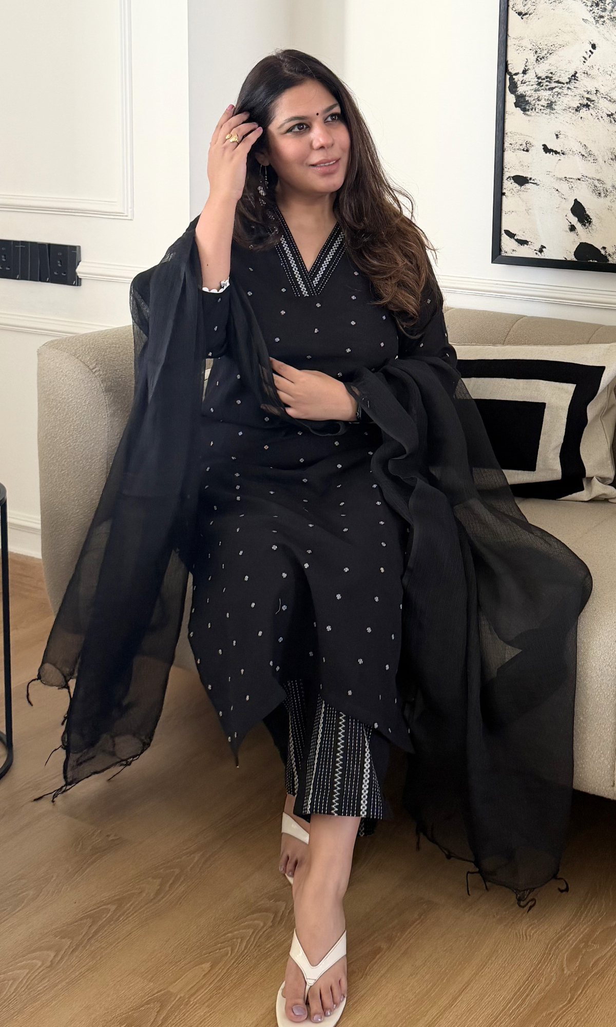 Black Handloom Cotton Dobby Kurta, Pant & Kota Doria Dupatta