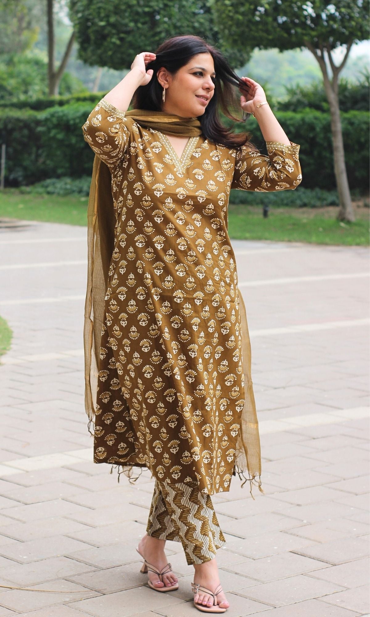 Cotton Earthy Brown Block Printed Suit Set with Kota Doria Dupatta