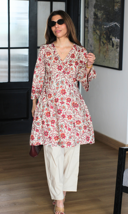 Sia Red Handblock Print Kimono Kurta with Cotton Pants