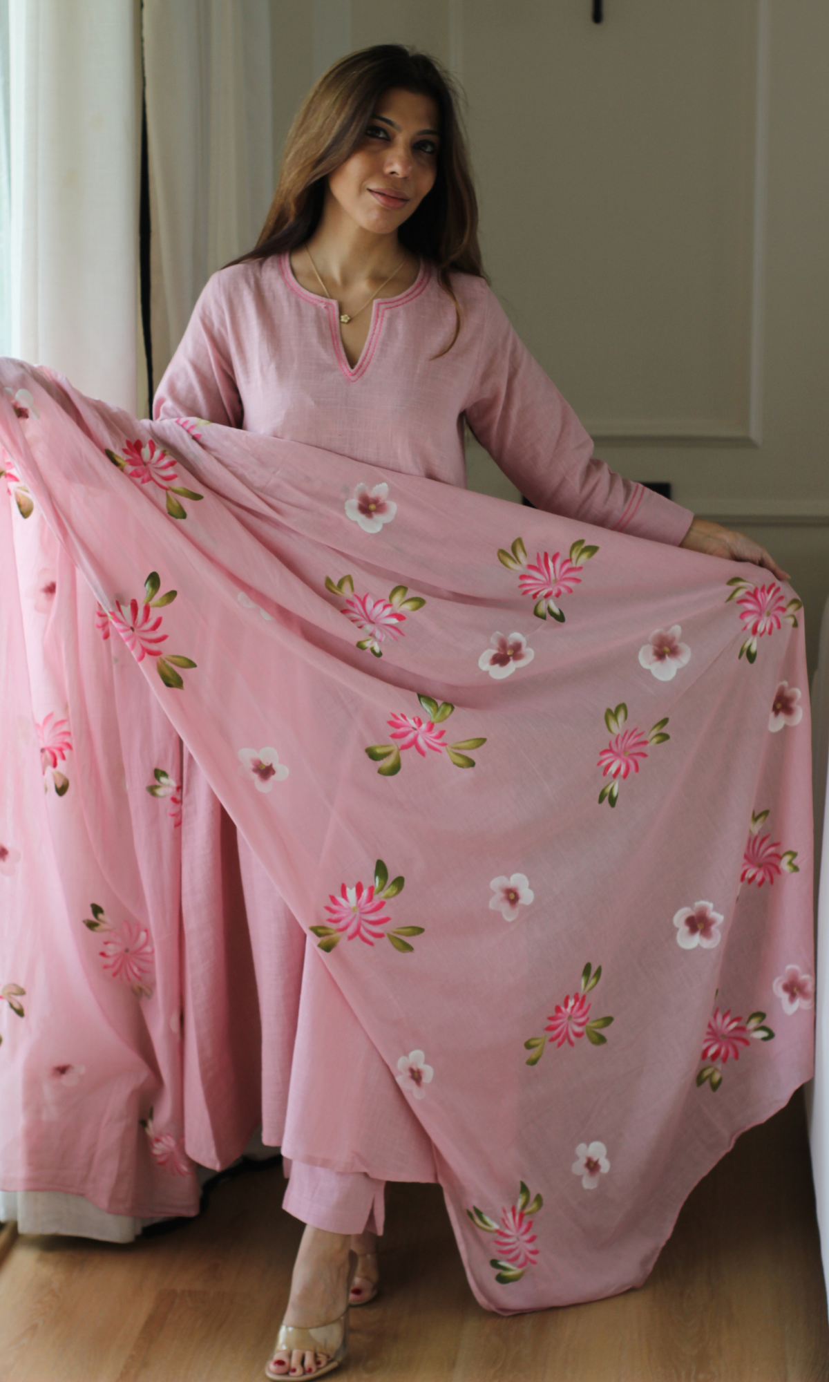 Petal Talk Cotton Slub Kali Kurta, Pant & Handpainted Dupatta