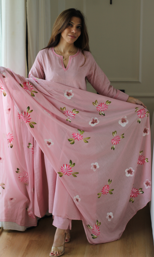 Petal Talk Cotton Slub Kali Kurta, Pant & Handpainted Dupatta