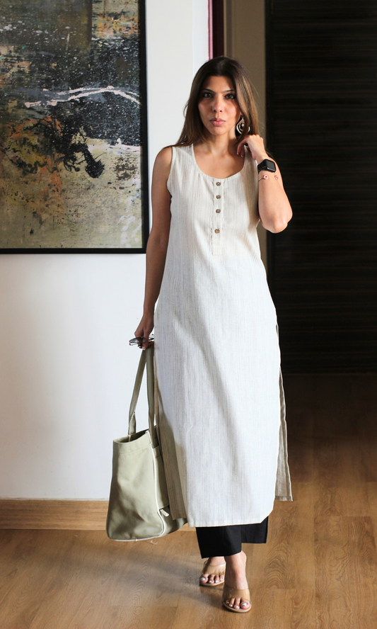 Beige & Black Round Neck Kurta & Cotton Pants