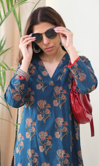 Cotton Teal & Red Boota Kurta & Pants