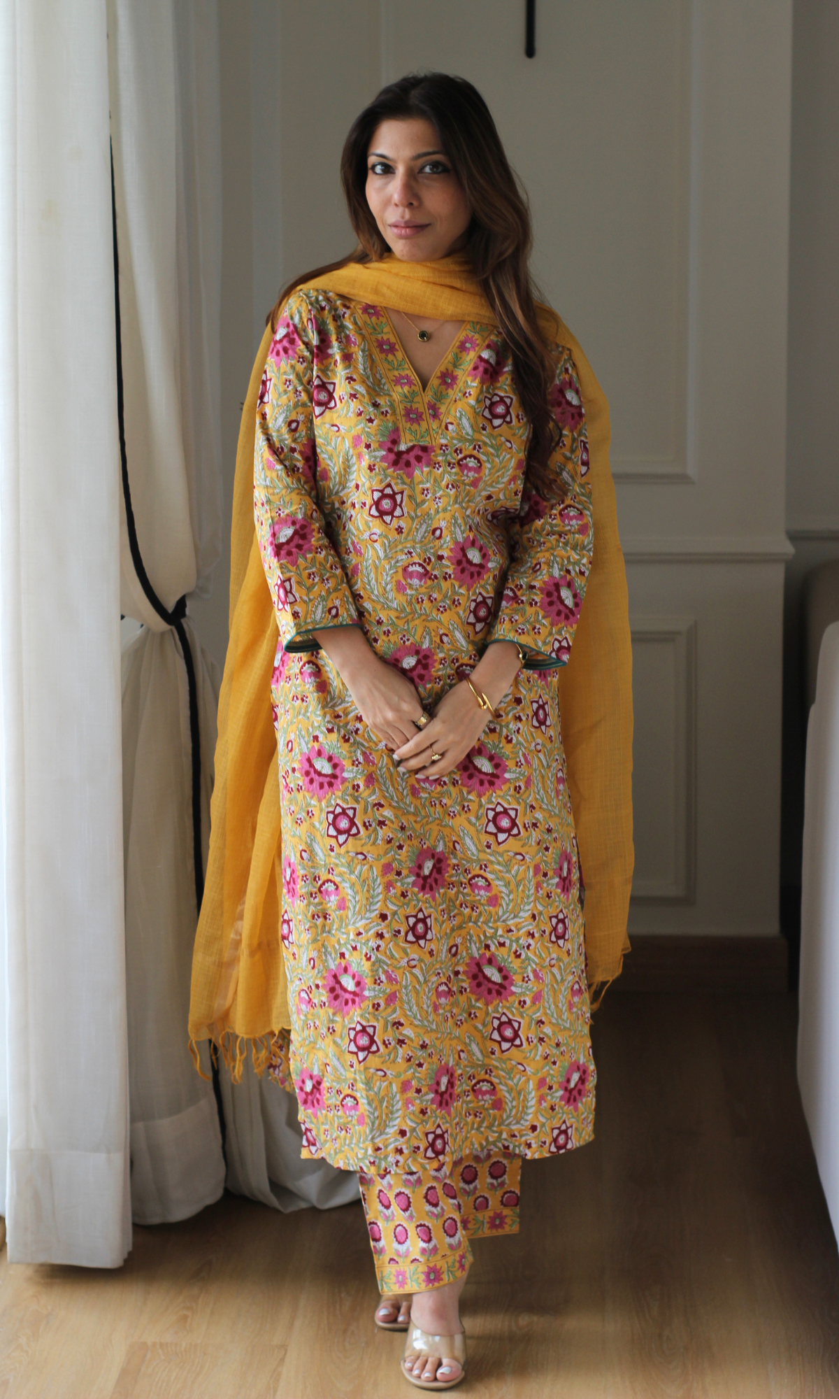 Yellow & Magenta Floral Block Print Kurta, Pants & Kota Doria Dupatta