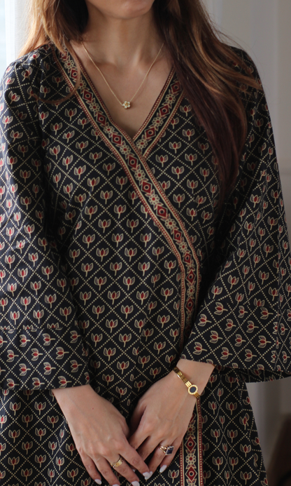 Black Ajrakh Booti Kimono Kurta with Pants