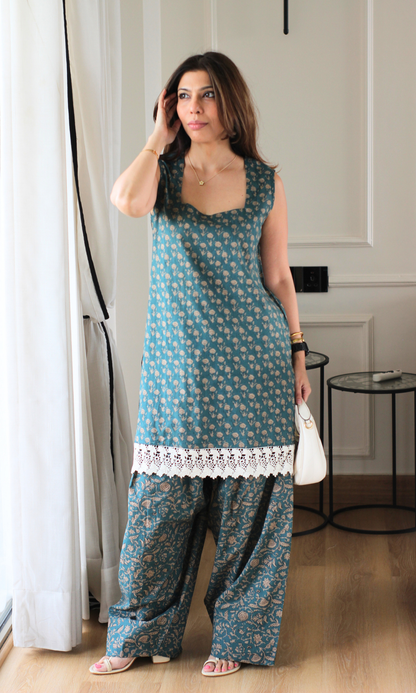Teal Ajrakh Booti Print Sleeveless Kurta with Farshi Salwaar