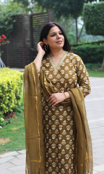 Cotton Earthy Brown Block Printed Suit Set with Kota Doria Dupatta