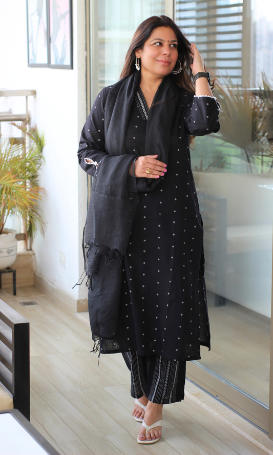 Black Handloom Cotton Dobby Kurta, Pant & Kota Doria Dupatta