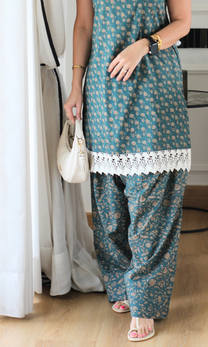 Teal Ajrakh Booti Print Sleeveless Kurta with Farshi Salwaar