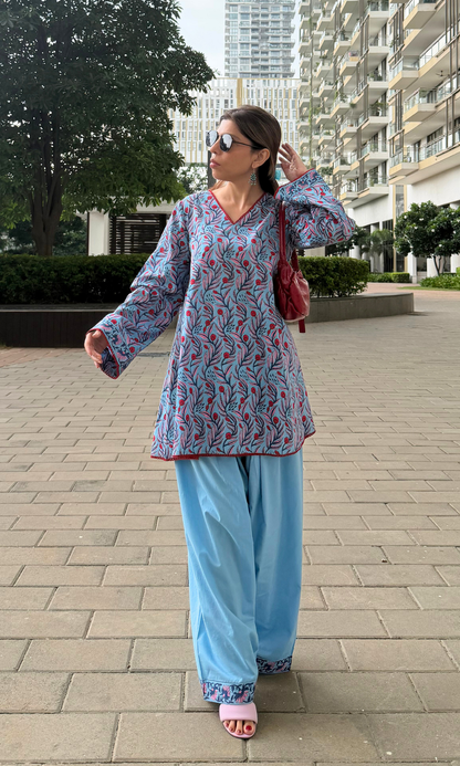 Cotton Sky Bloom Printed Anti Fit Kurta with Farshi Pants