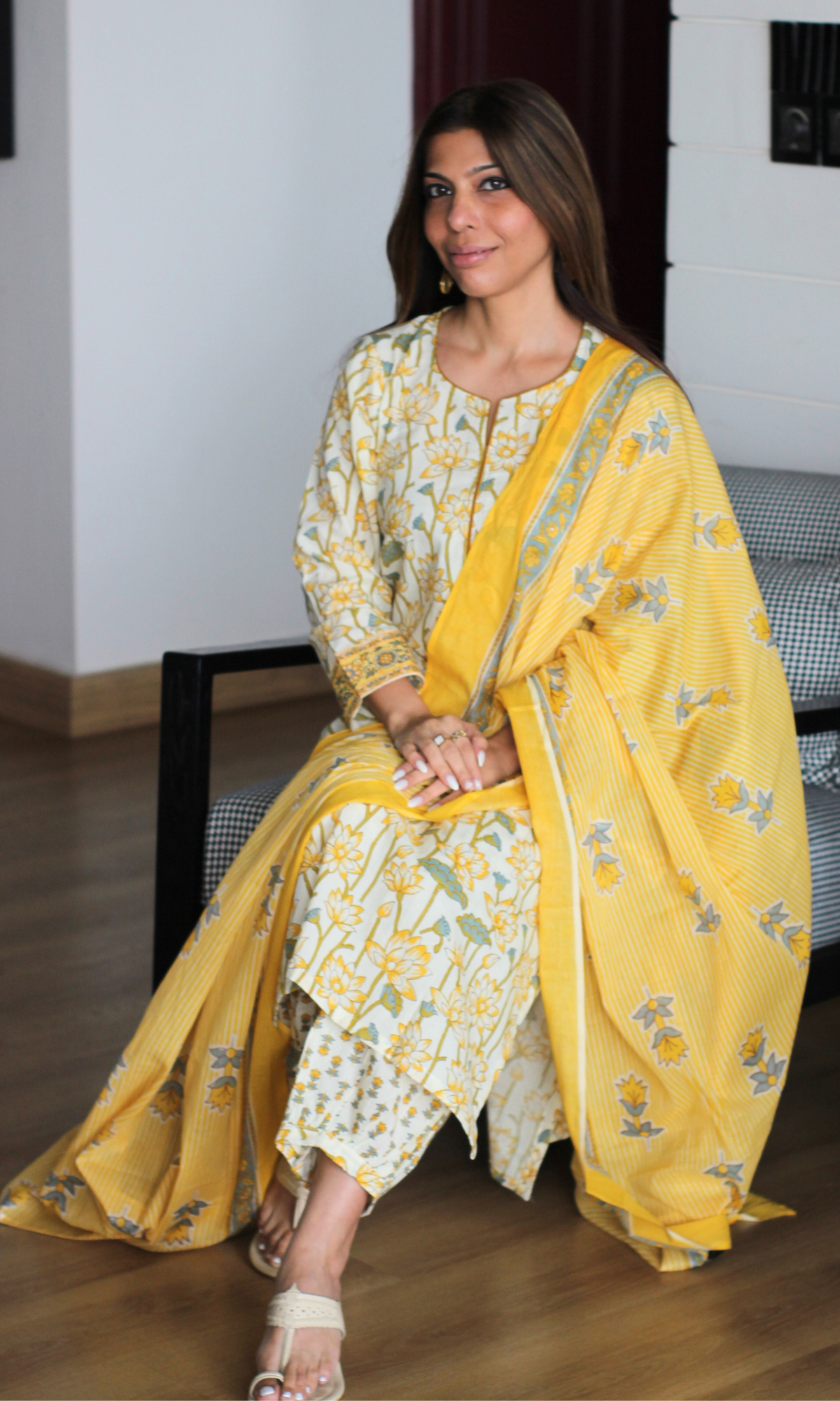 Meera Yellow Floral Kurta, Afgani Pants & Printed Dupatta