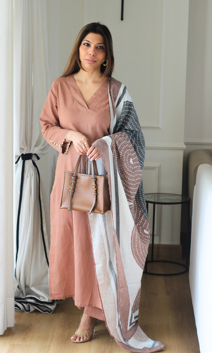 Coffee slub Kurta , Pants & Linen Blend Printed Dupatta