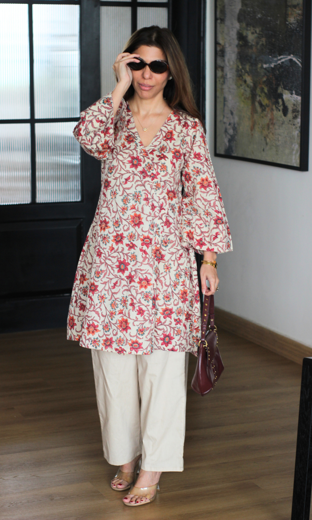 Sia Red Handblock Print Kimono Kurta with Cotton Pants