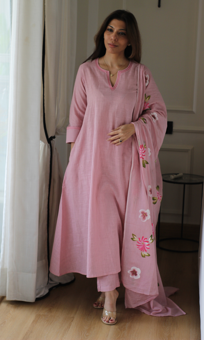 Petal Talk Cotton Slub Kali Kurta, Pant & Handpainted Dupatta