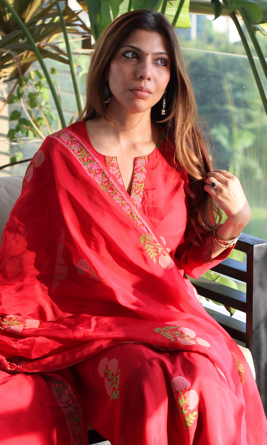 Lal Ishq Muslin Block Print Kurta, Pant & Organza Dupatta