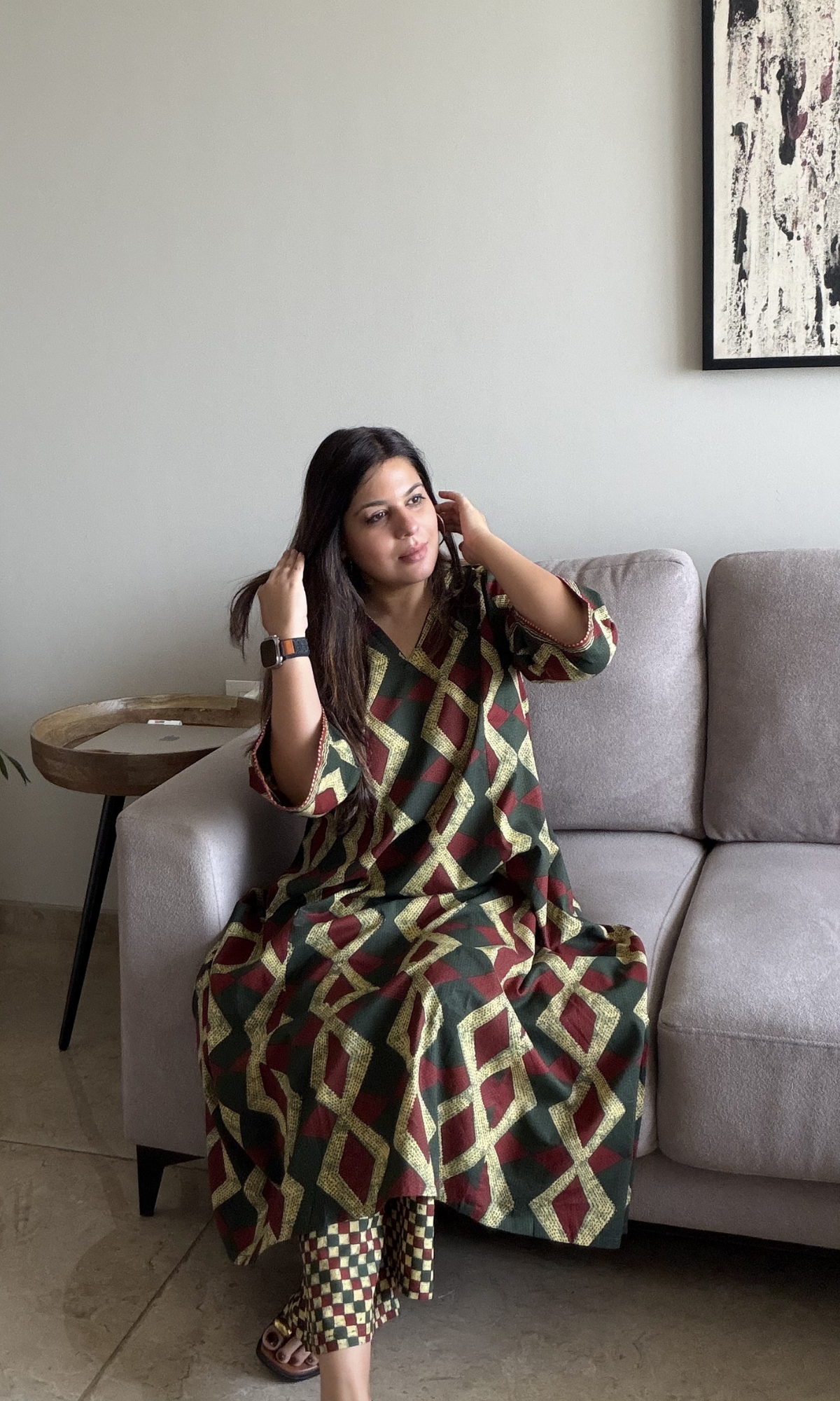 Cotton Earthy Green & Red Diamond Print High Low Kurta with Pants