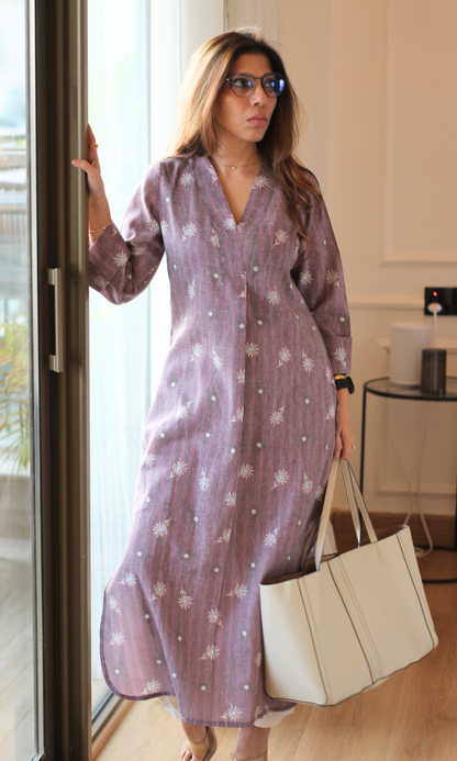 Mauve Floral Linen Blend Kurta & Pants
