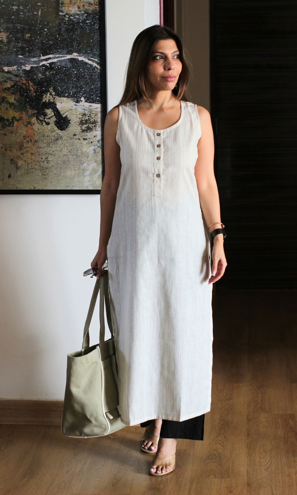 Beige & Black Round Neck Kurta & Cotton Pants