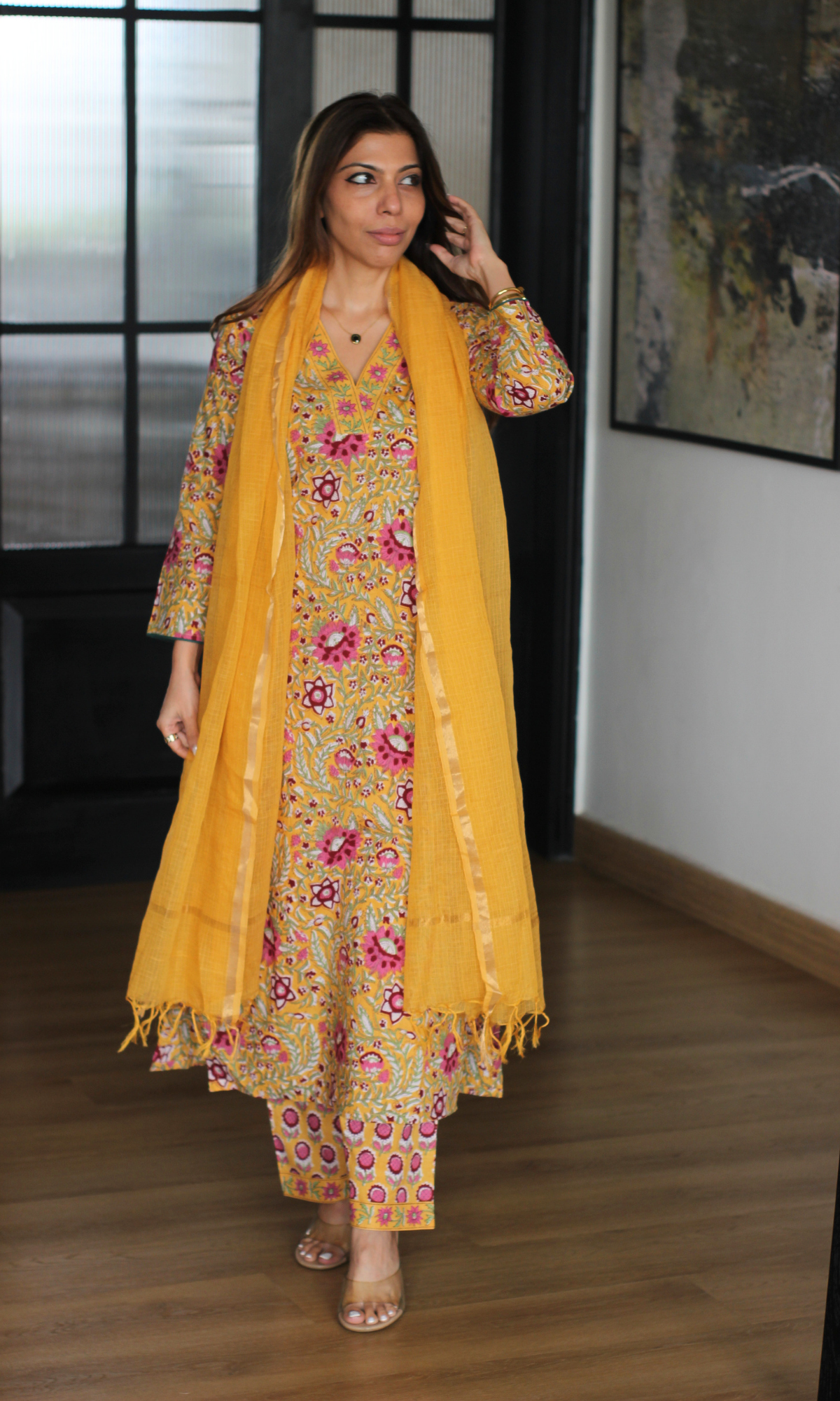 Yellow & Magenta Floral Block Print Kurta, Pants & Kota Doria Dupatta