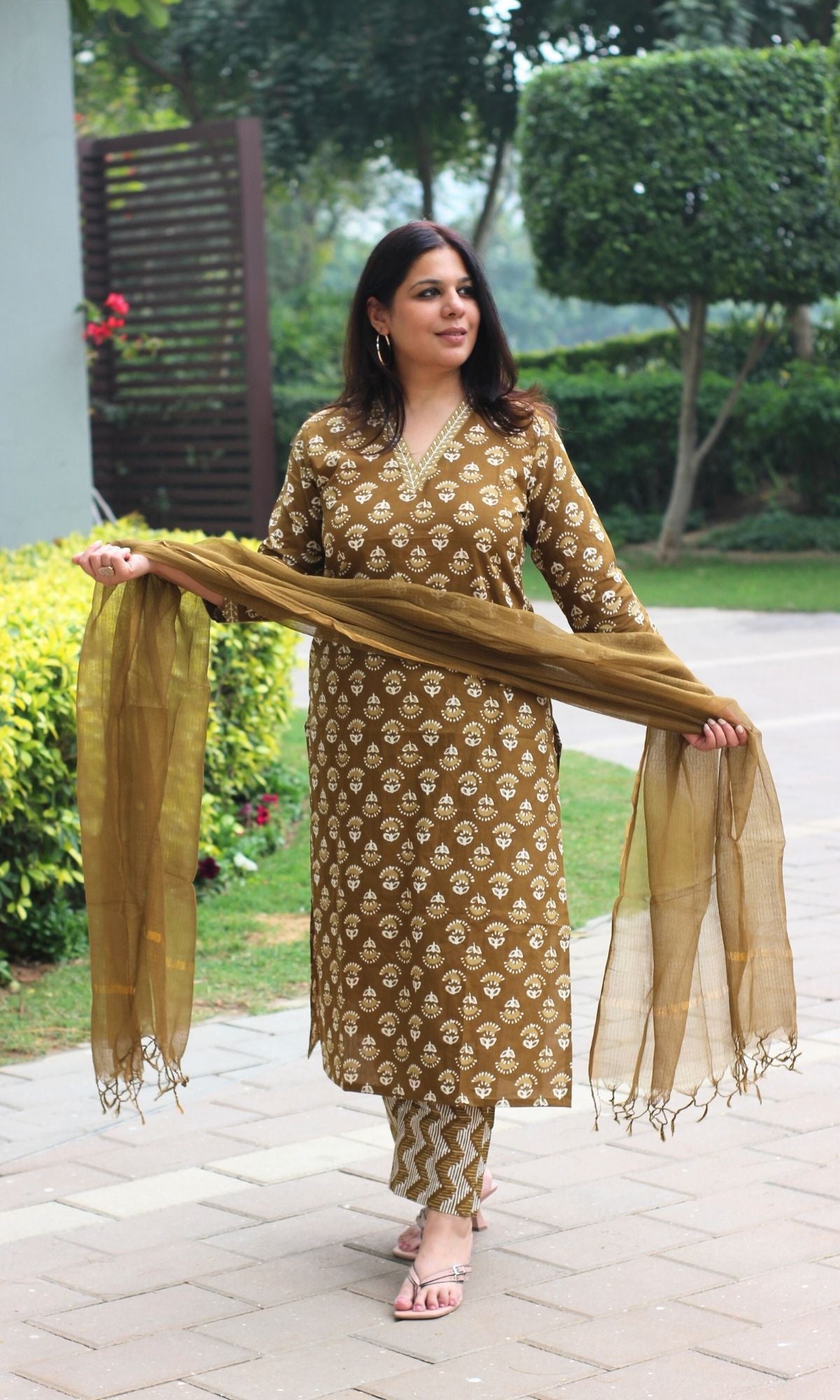 Cotton Earthy Brown Block Printed Suit Set with Kota Doria Dupatta