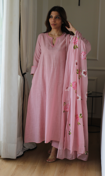 Petal Talk Cotton Slub Kali Kurta, Pant & Handpainted Dupatta