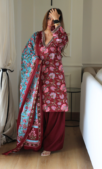 Albeli Block Print Kurta, Dupatta & Cotton Farshi Salwaar