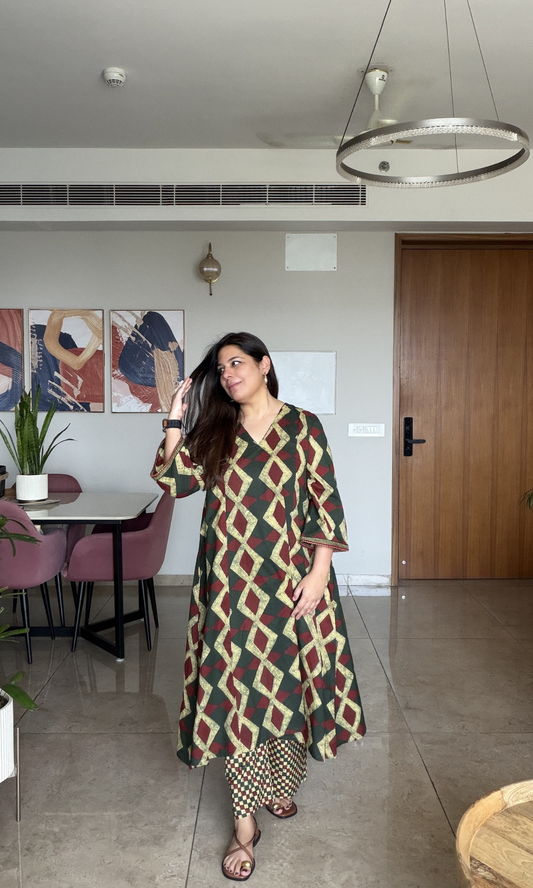 Cotton Earthy Green & Red Diamond Print High Low Kurta with Pants
