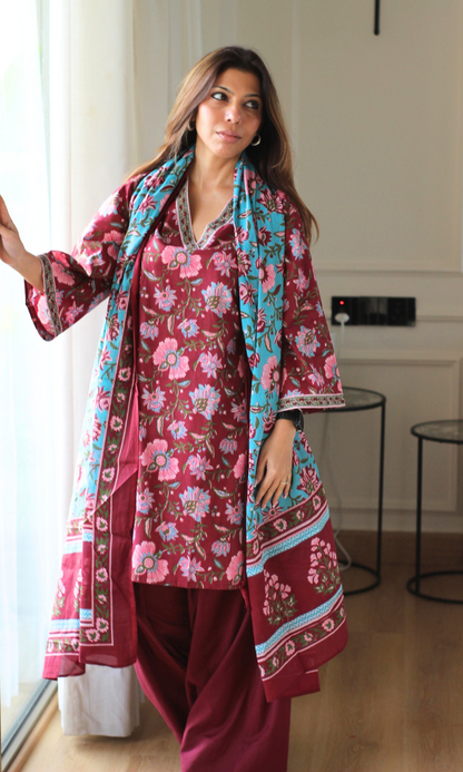 Albeli Block Print Kurta, Dupatta & Cotton Farshi Salwaar