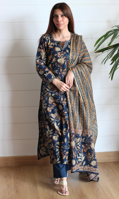 Navy Autumn Print Cotton Kurta, Pants & Printed Dupatta