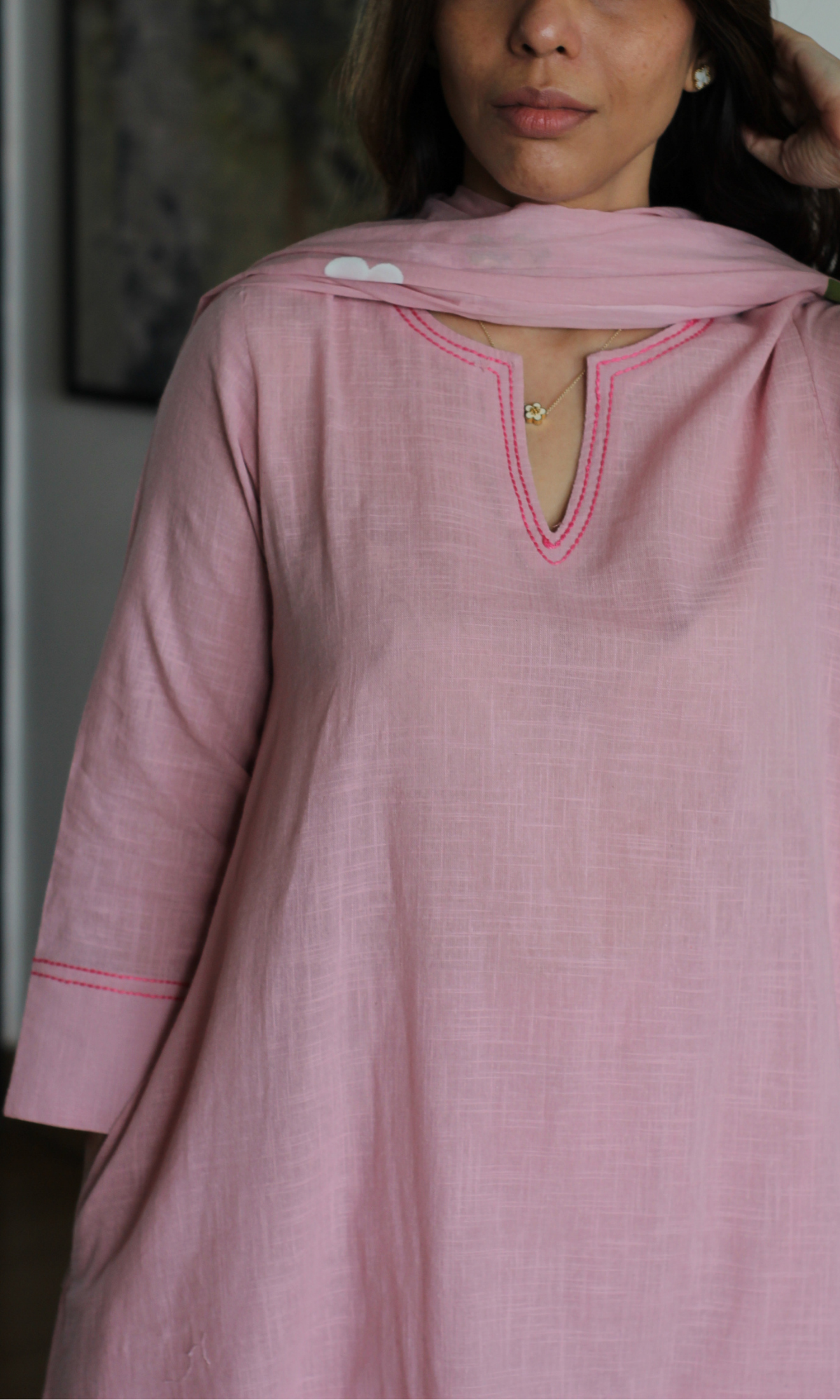 Petal Talk Cotton Slub Kali Kurta, Pant & Handpainted Dupatta