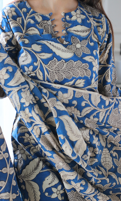 Sapphire Blue Kalamkari Kurta, Dupatta & Cotton Pants