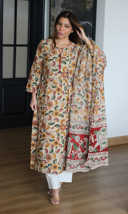 Sukoon Beige Kalamkari Cotton Kurta & Dupatta