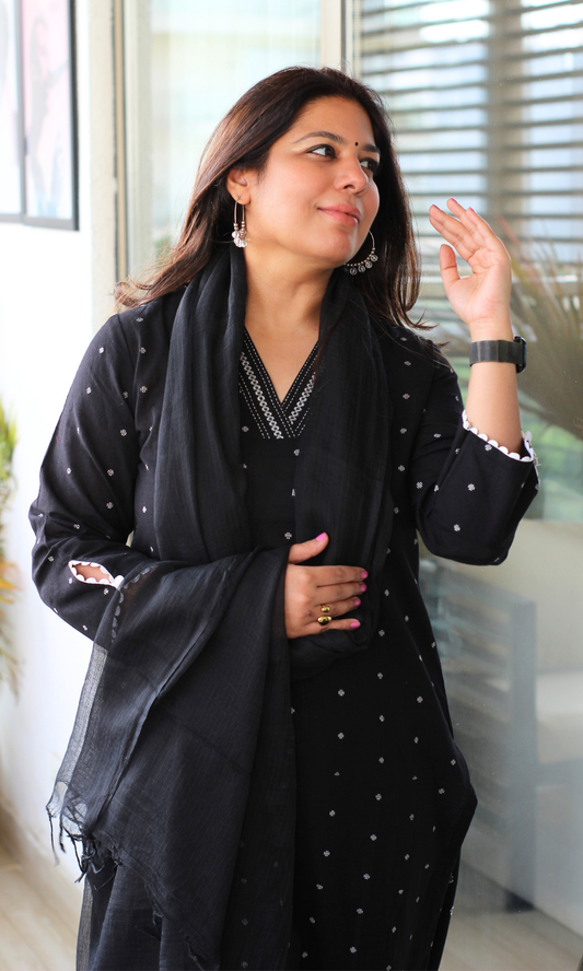 Black Handloom Cotton Dobby Kurta, Pant & Kota Doria Dupatta