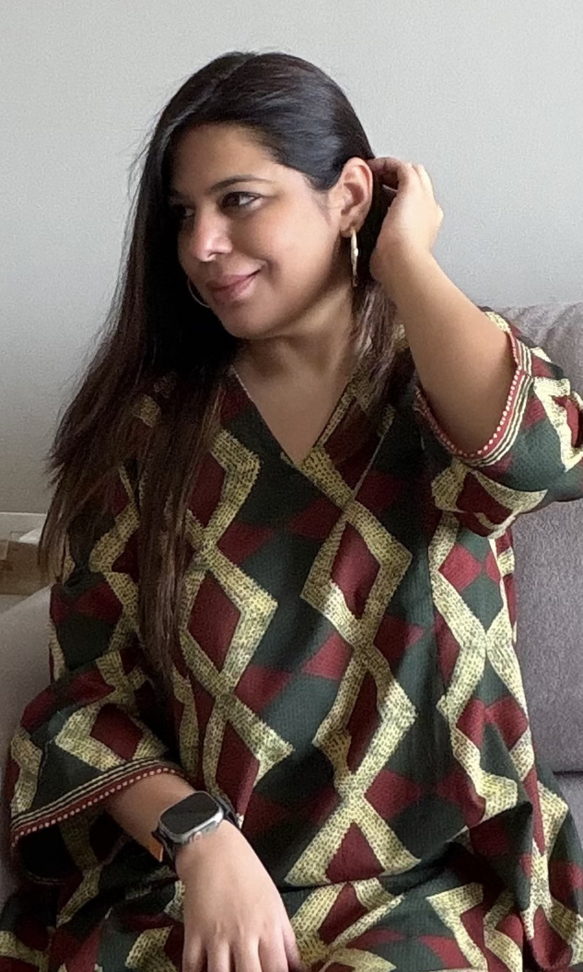 Cotton Earthy Green & Red Diamond Print High Low Kurta with Pants