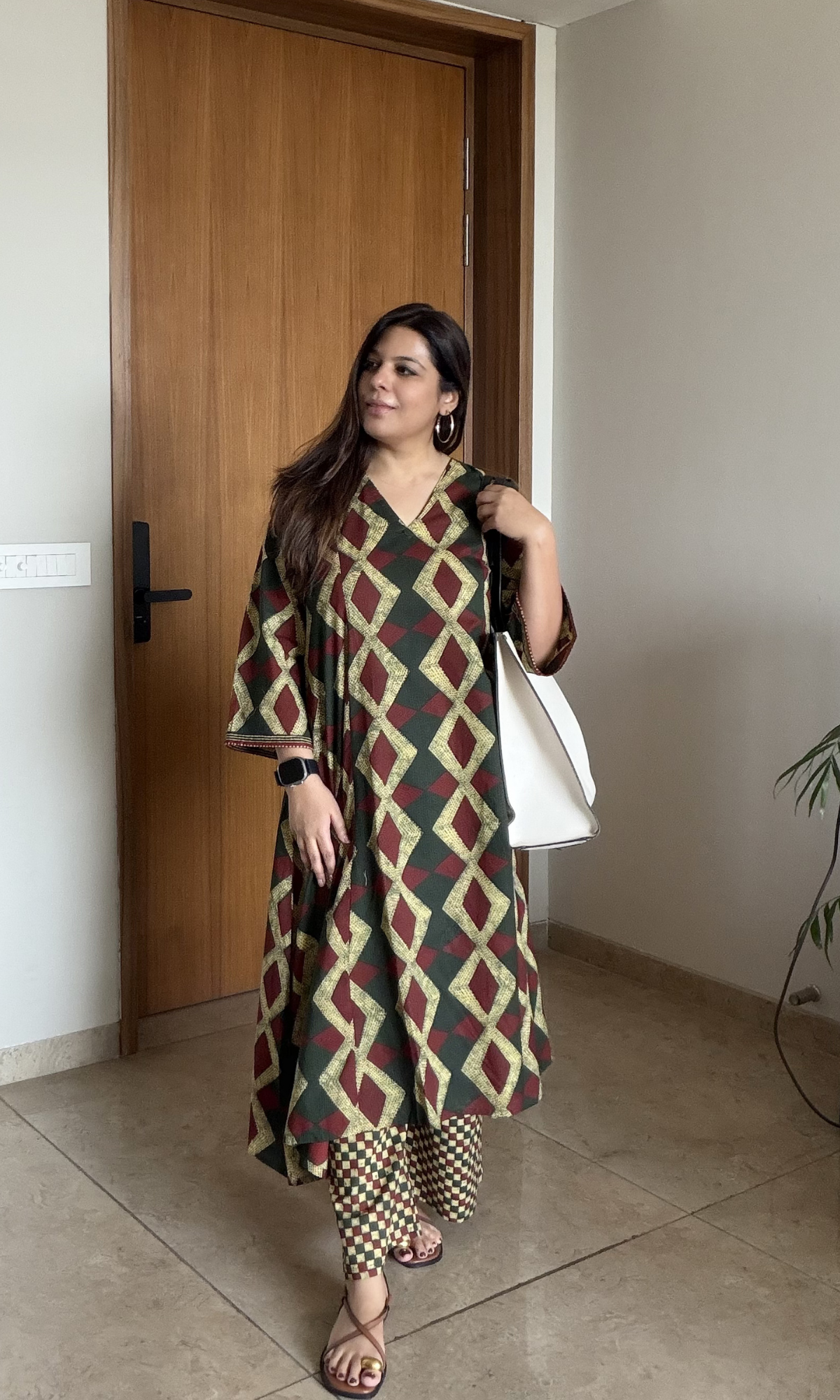 Cotton Earthy Green & Red Diamond Print High Low Kurta with Pants