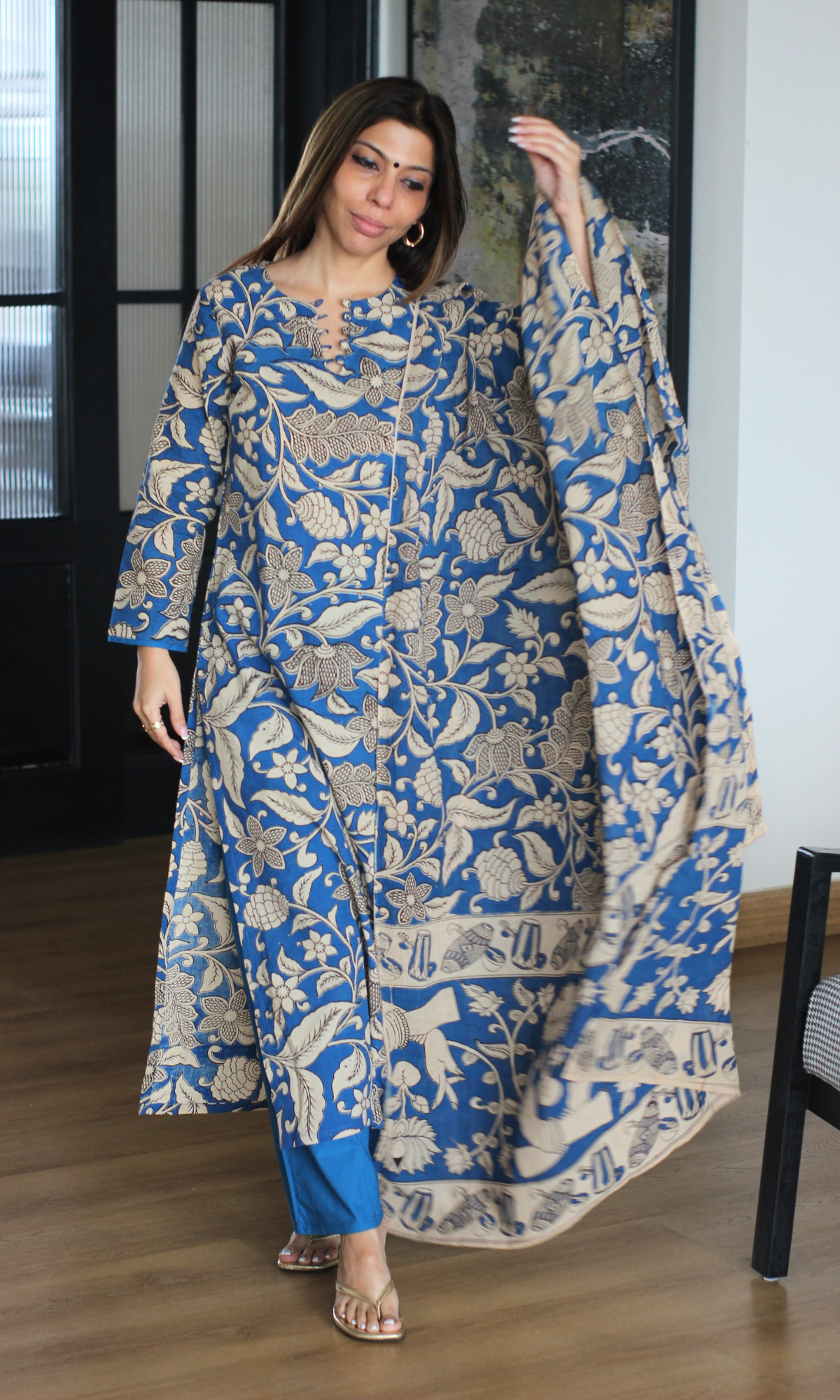 Sapphire Blue Kalamkari Kurta, Dupatta & Cotton Pants