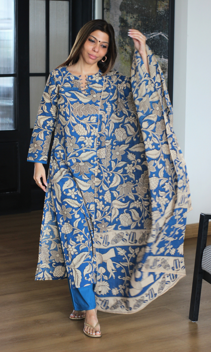 Sapphire Blue Kalamkari Kurta, Dupatta & Cotton Pants