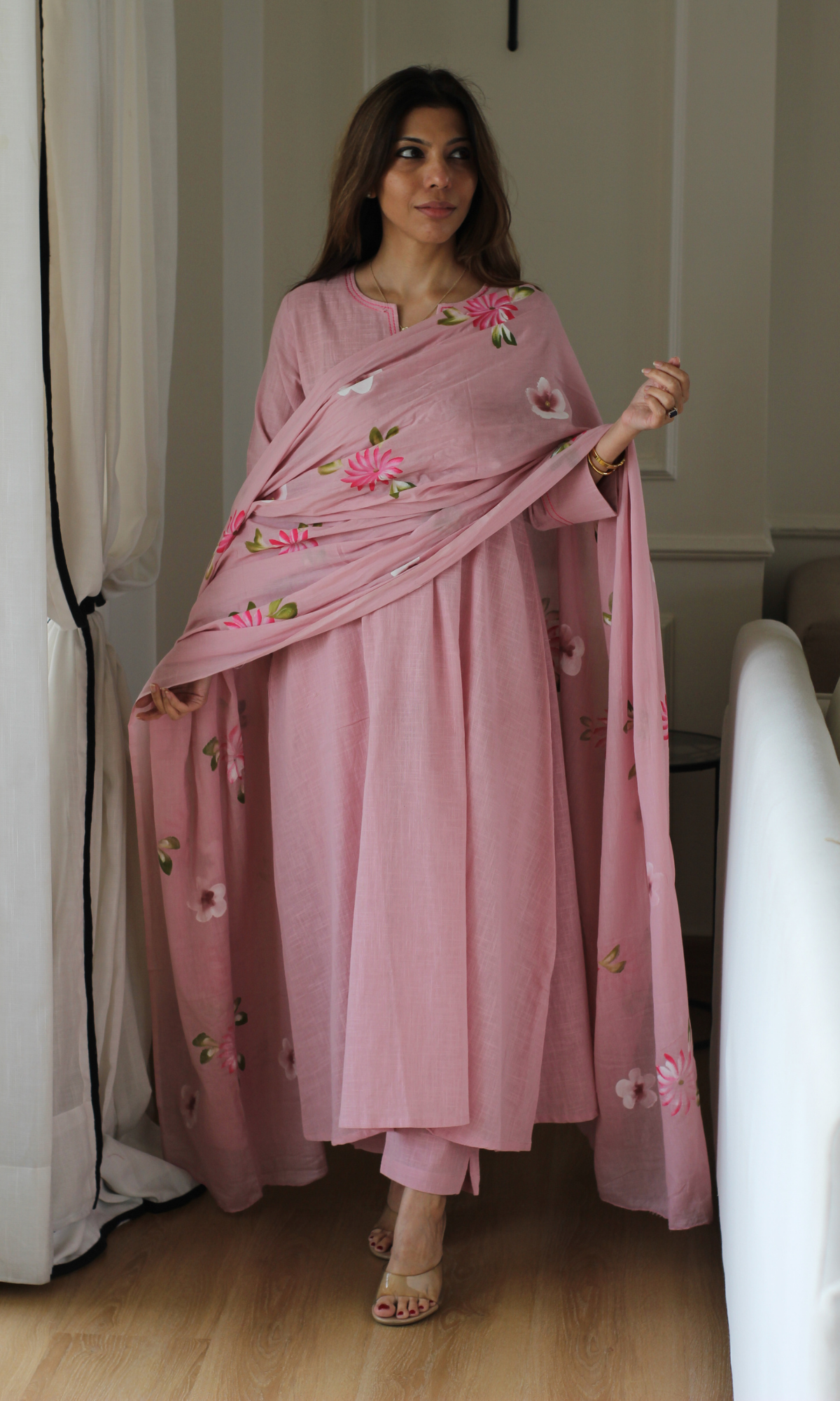 Petal Talk Cotton Slub Kali Kurta, Pant & Handpainted Dupatta