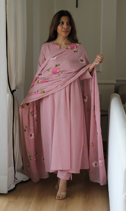 Petal Talk Cotton Slub Kali Kurta, Pant & Handpainted Dupatta