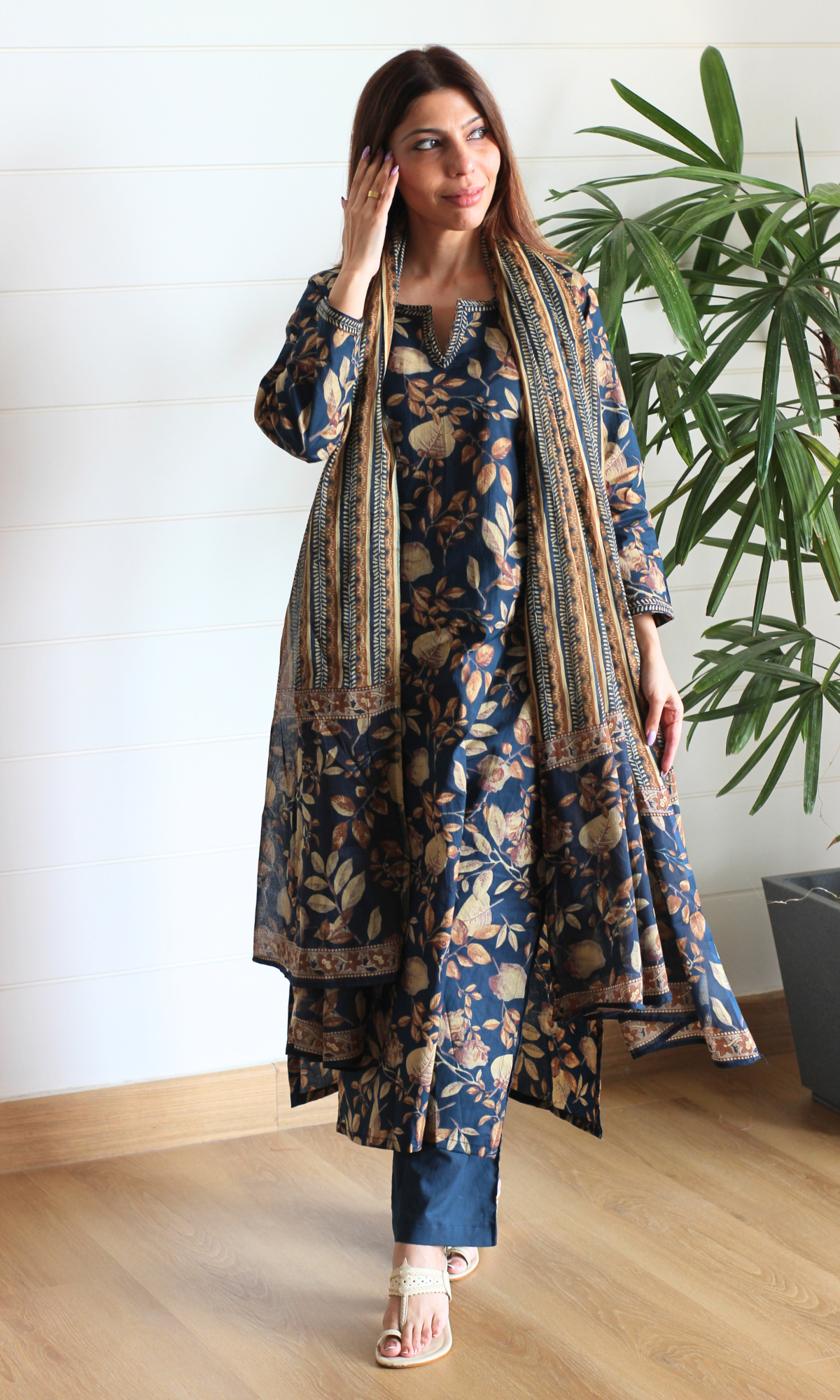 Navy Autumn Print Cotton Kurta, Pants & Printed Dupatta
